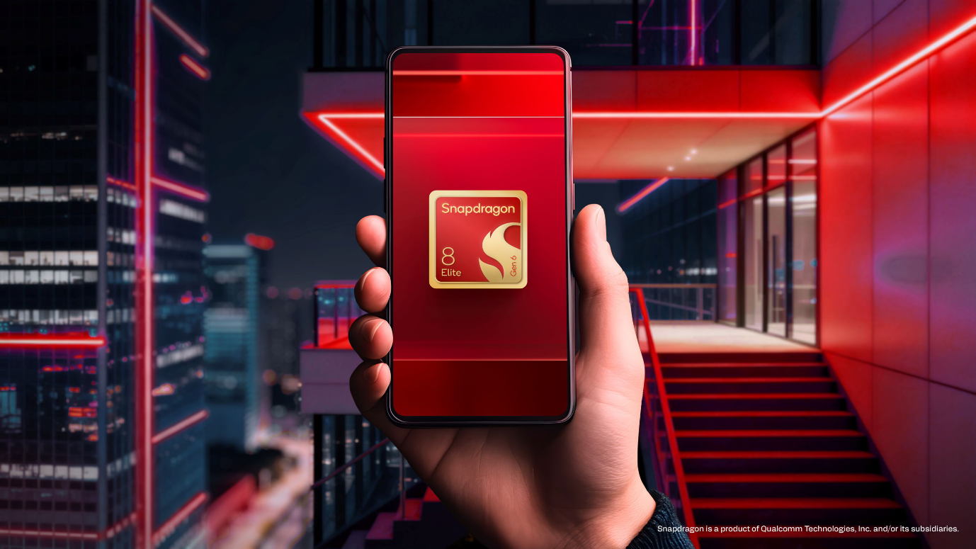 A smartphone displaying the golden Snapdragon 8 Elite Gen 6 logo against a neon red background.