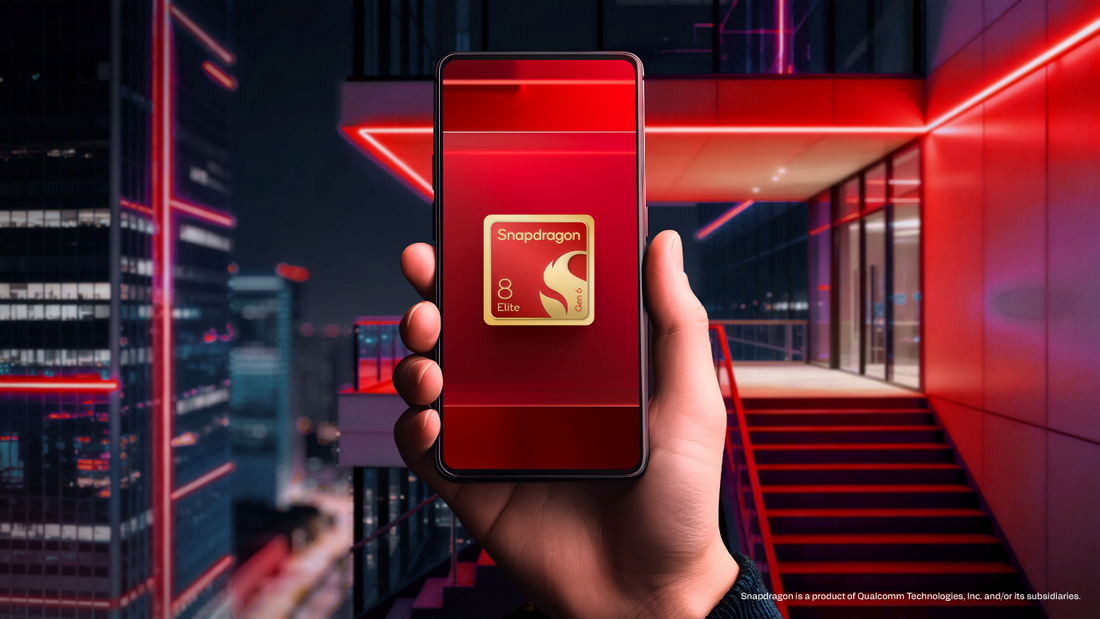 A smartphone displaying the golden Snapdragon 8 Elite Gen 6 logo against a neon red background.
