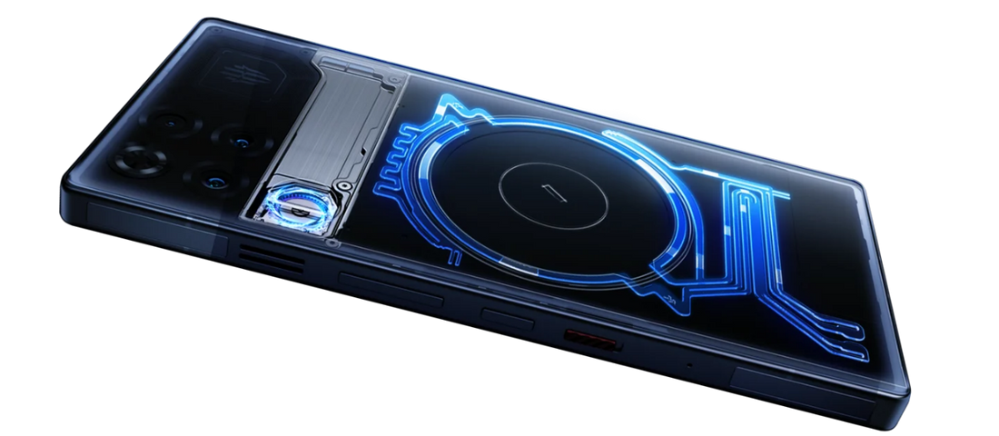 A transparent view of the REDMAGIC gaming smartphone highlighting its AquaCore liquid cooling system and built-in turbofan.